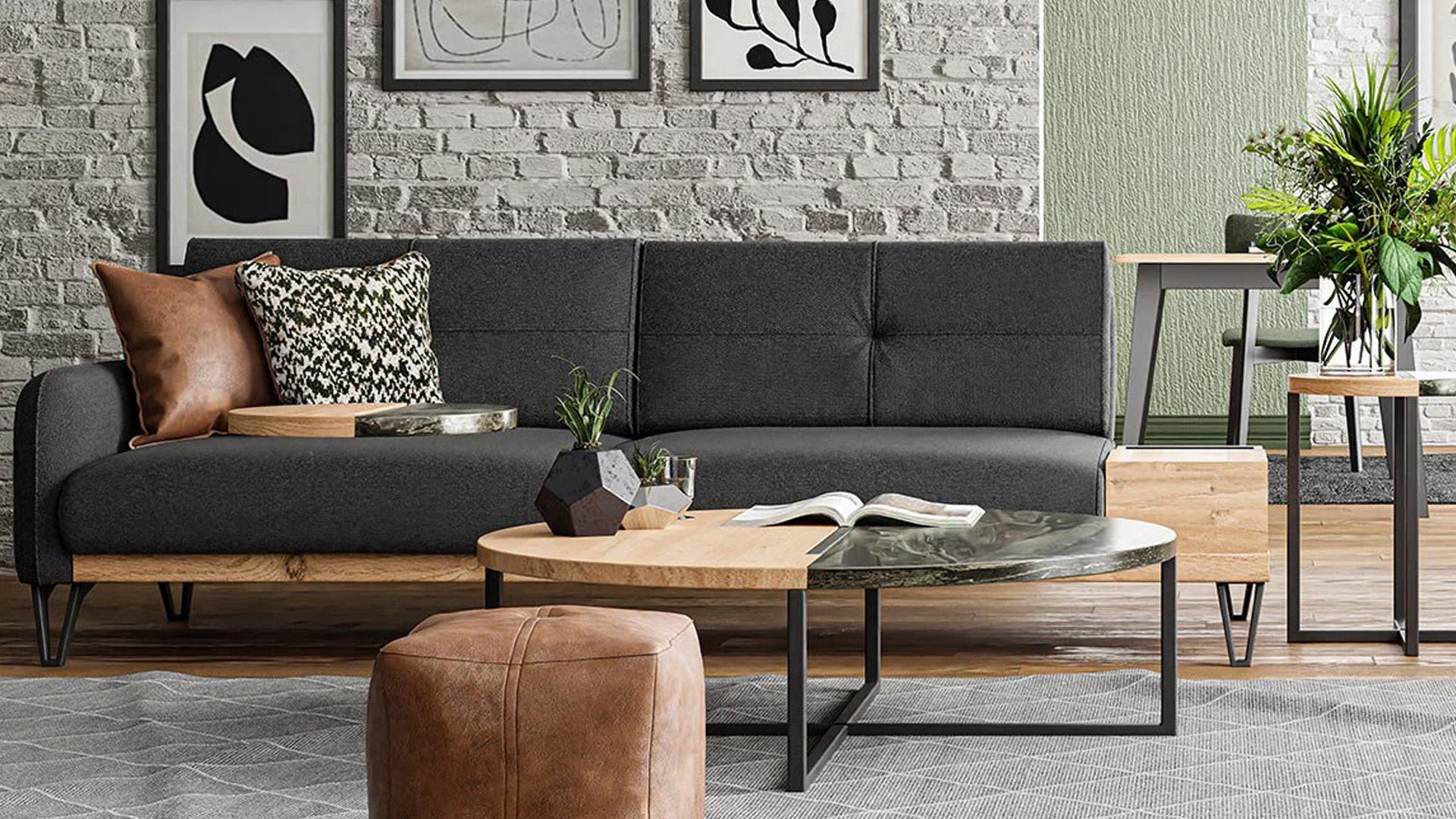 Solid 3 Seater Sofa With Coffee Table - Right